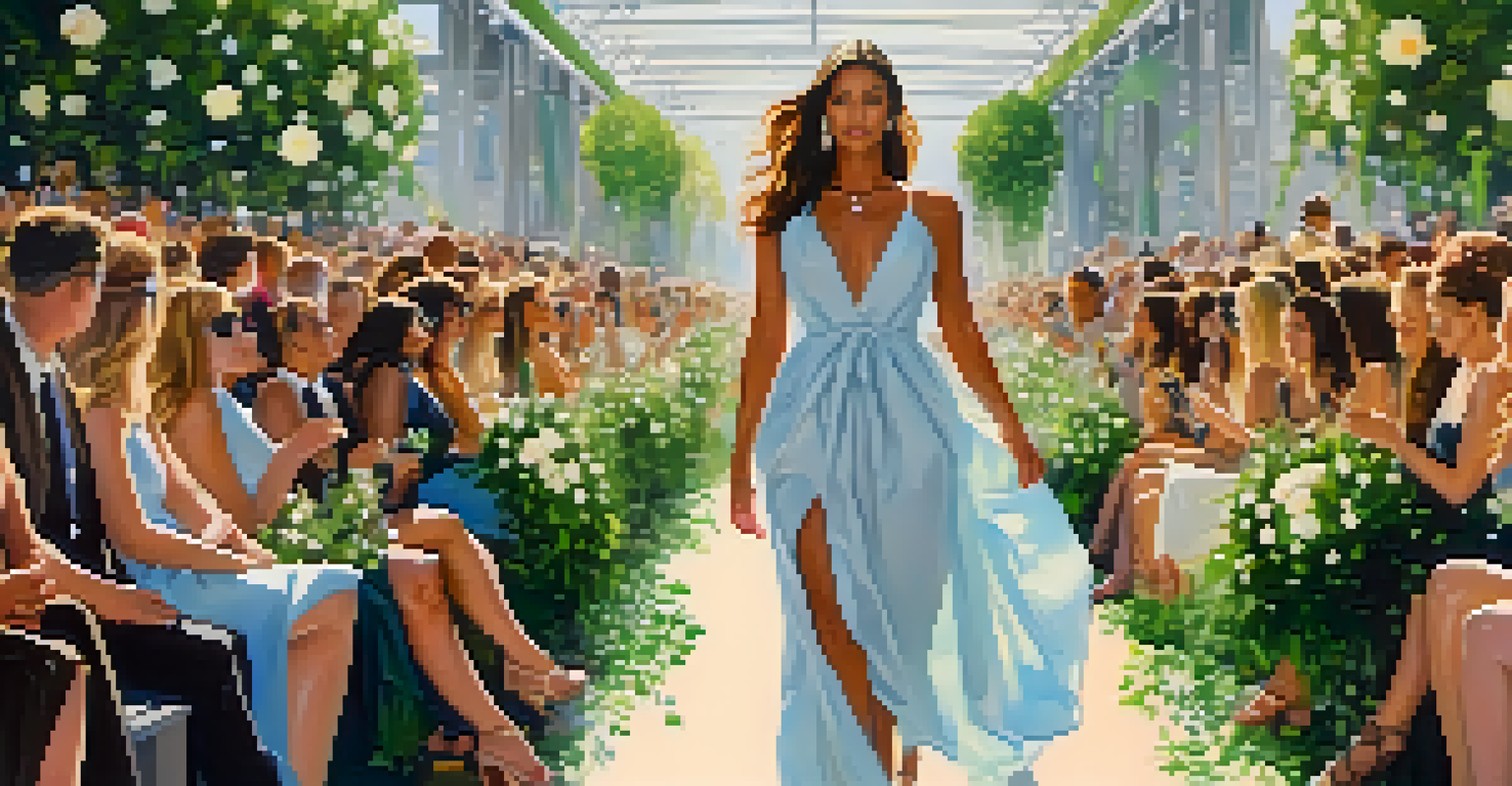 Models of all shapes and sizes walking down a flower-adorned runway in an open-air fashion show, symbolizing growth and acceptance.