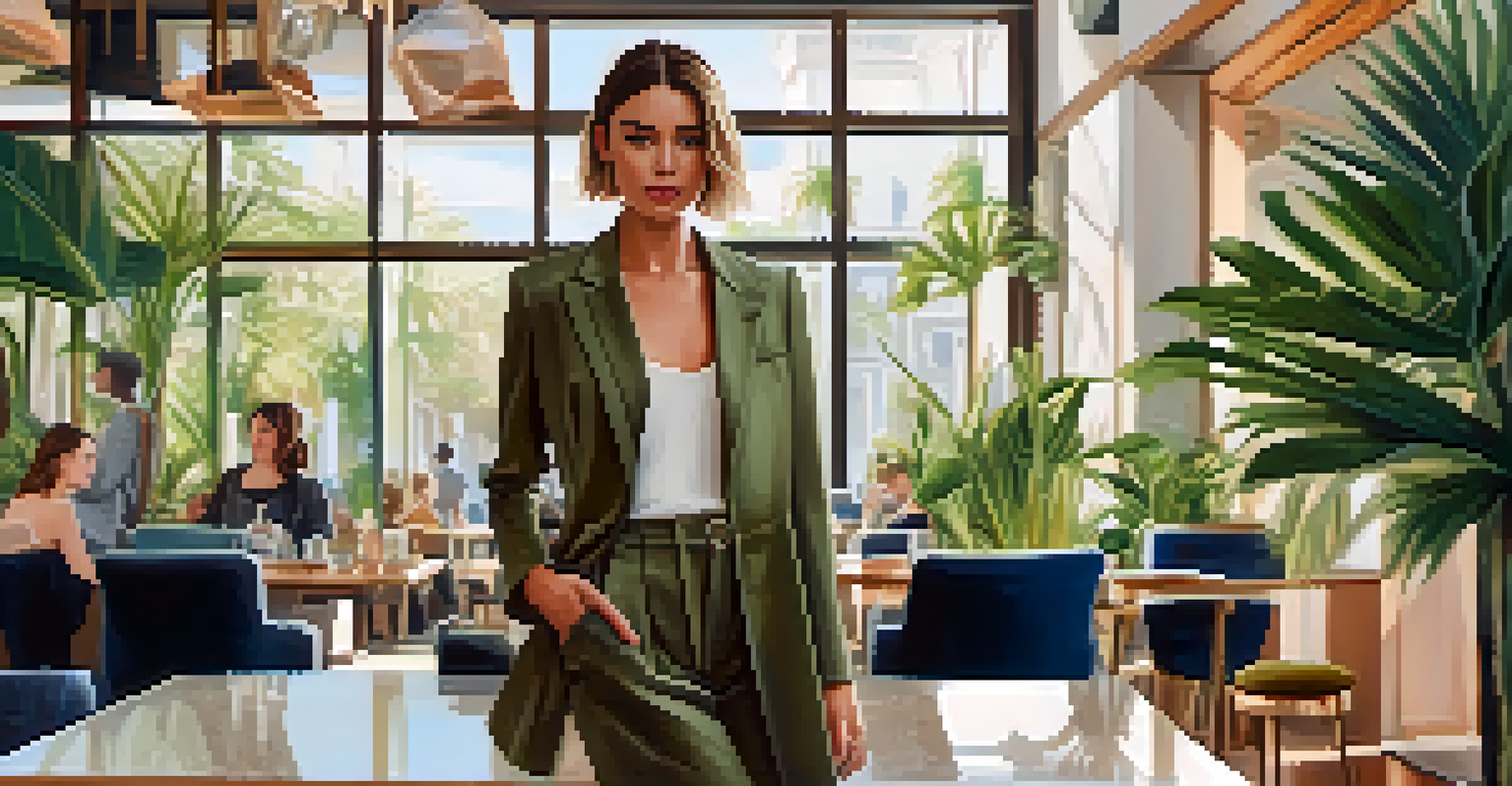 A close-up of a stylish influencer in a chic outfit, posing in a modern cafe with plants and art decor.