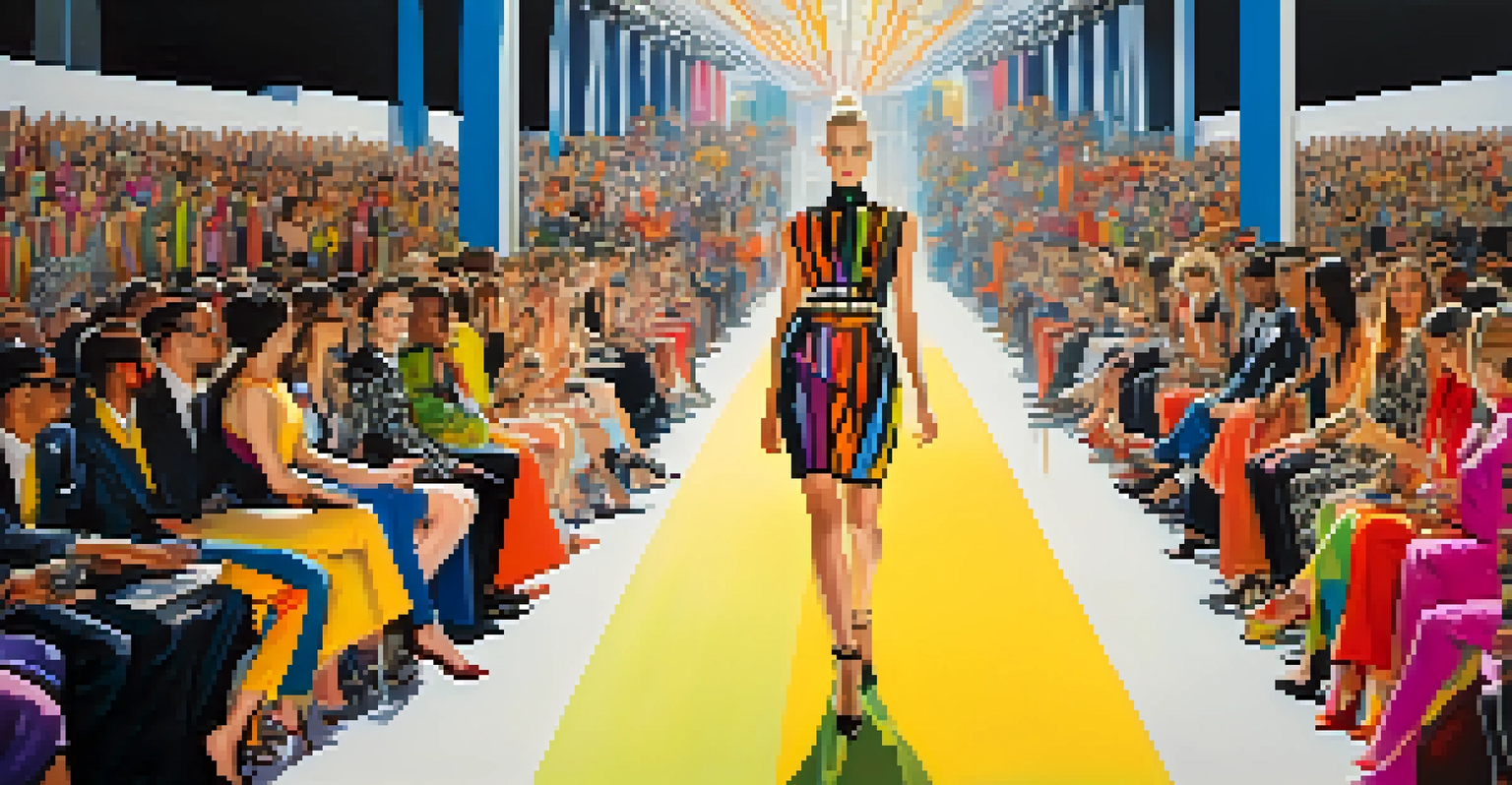 Models walking down a colorful fashion runway, showcasing unique outfits under bright lights, with an engaged audience in the background.