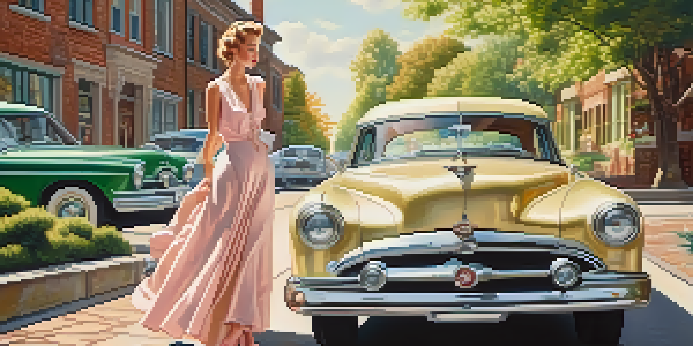A woman in a 1950s pastel floral dress stands in front of a classic car, surrounded by green trees and brick buildings, bathed in golden sunlight.