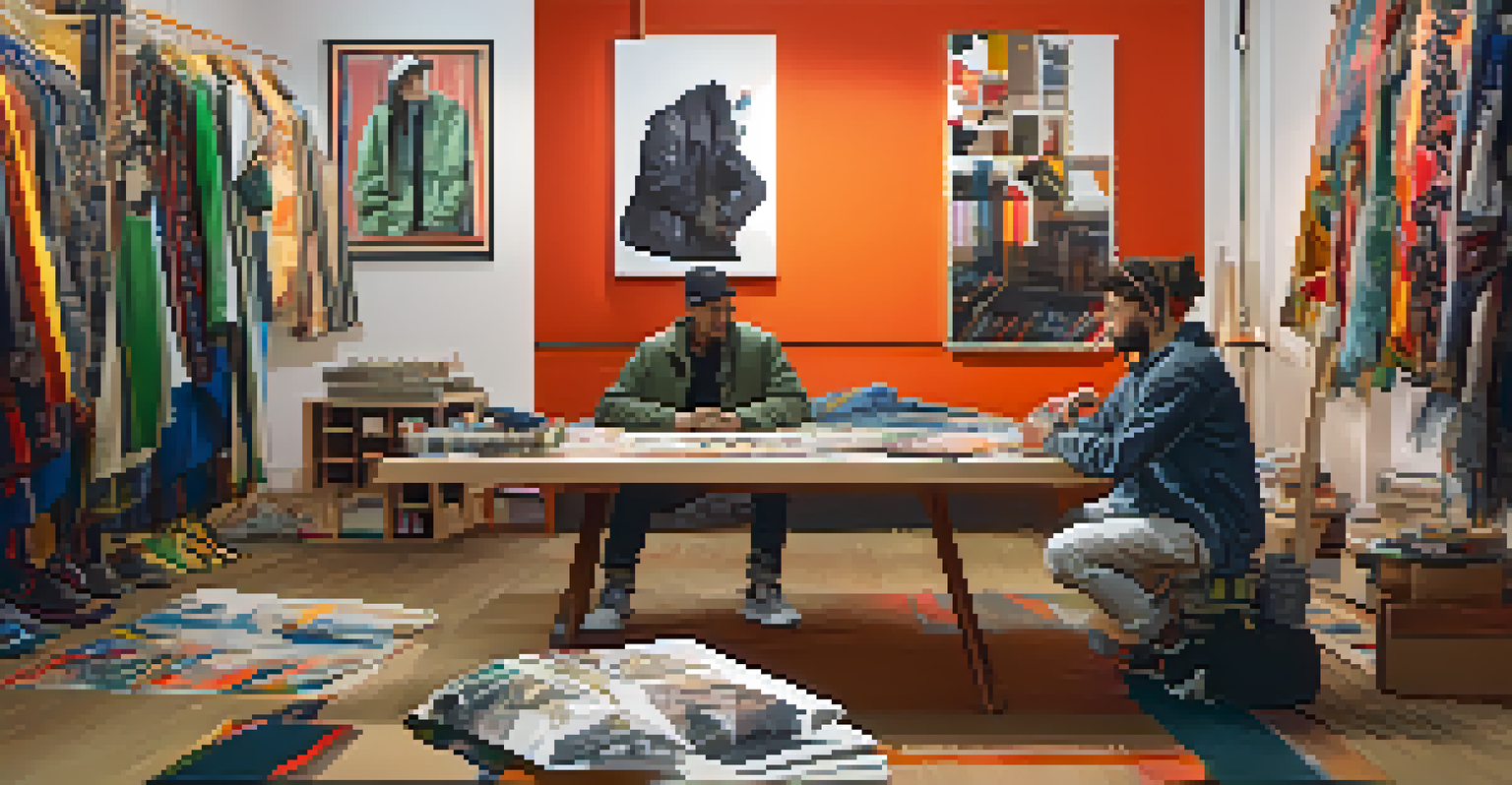 A designer in a studio, discussing cultural influences with representatives amidst fabrics and design tools, showcasing a collaborative atmosphere.