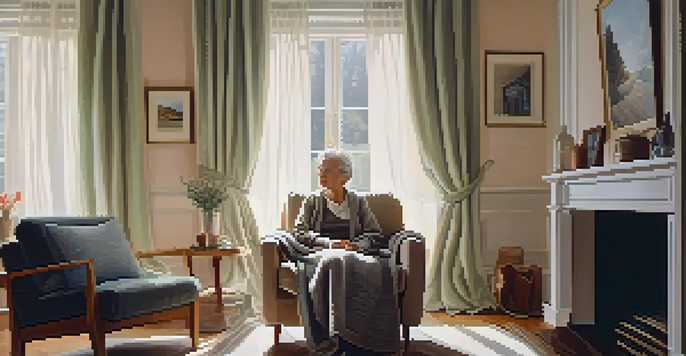 A senior woman in adaptive clothing sits in a cozy living room, surrounded by soft textures and natural light.