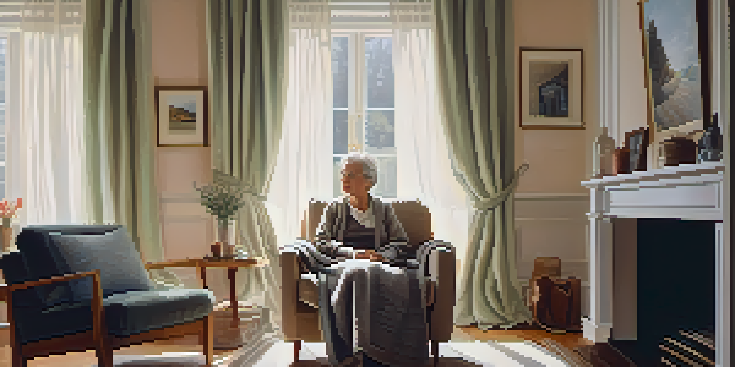 A senior woman in adaptive clothing sits in a cozy living room, surrounded by soft textures and natural light.