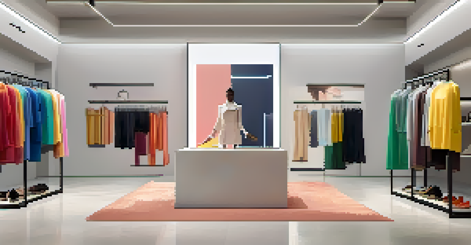 A customer using augmented reality to explore a color palette in a modern fashion store, surrounded by colorful clothing items.