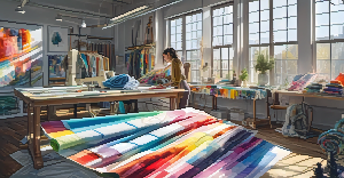 A fashion designer in a bright studio surrounded by colorful fabrics and sketches, working on a sewing machine with sunlight streaming in.