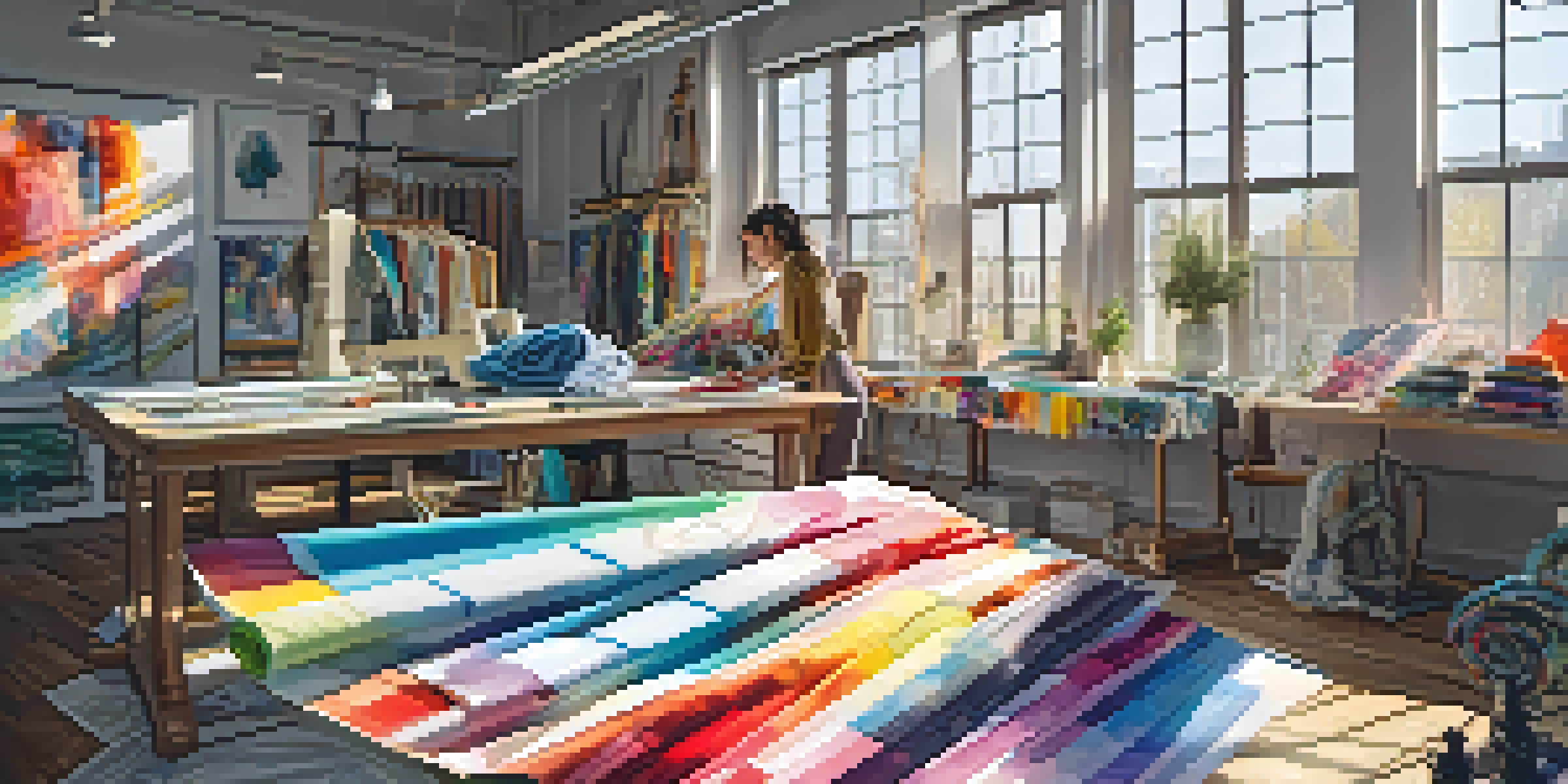 A fashion designer in a bright studio surrounded by colorful fabrics and sketches, working on a sewing machine with sunlight streaming in.