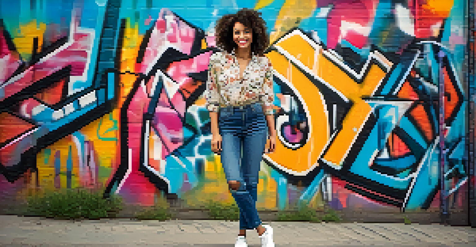 A person wearing a vintage blouse and modern jeans, posing against a colorful graffiti wall in an urban setting.