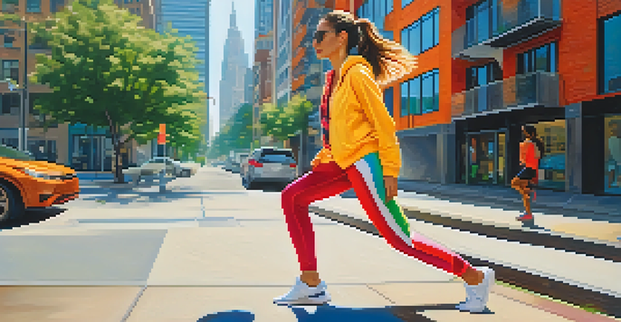 A young woman in colorful activewear stretching on a city sidewalk, with buildings and greenery in the background.