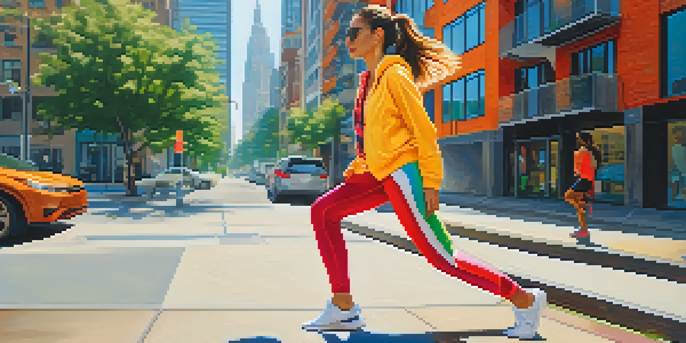 A young woman in colorful activewear stretching on a city sidewalk, with buildings and greenery in the background.