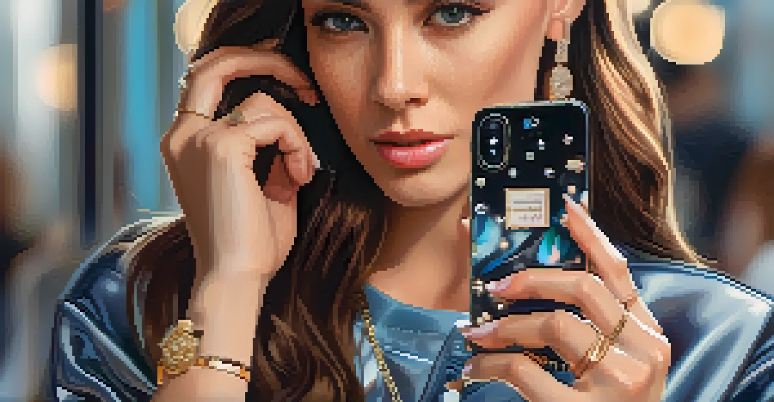 A close-up of a fashion influencer holding a smartphone displaying outfit inspirations, with a blurred background and soft indoor lighting.