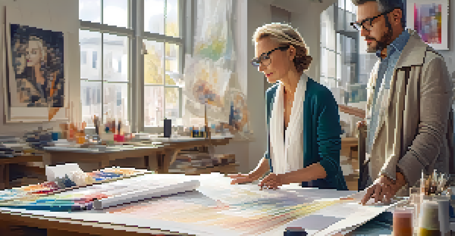 A fashion designer discussing sketches and fabric swatches with a young assistant in a bright, well-lit studio.