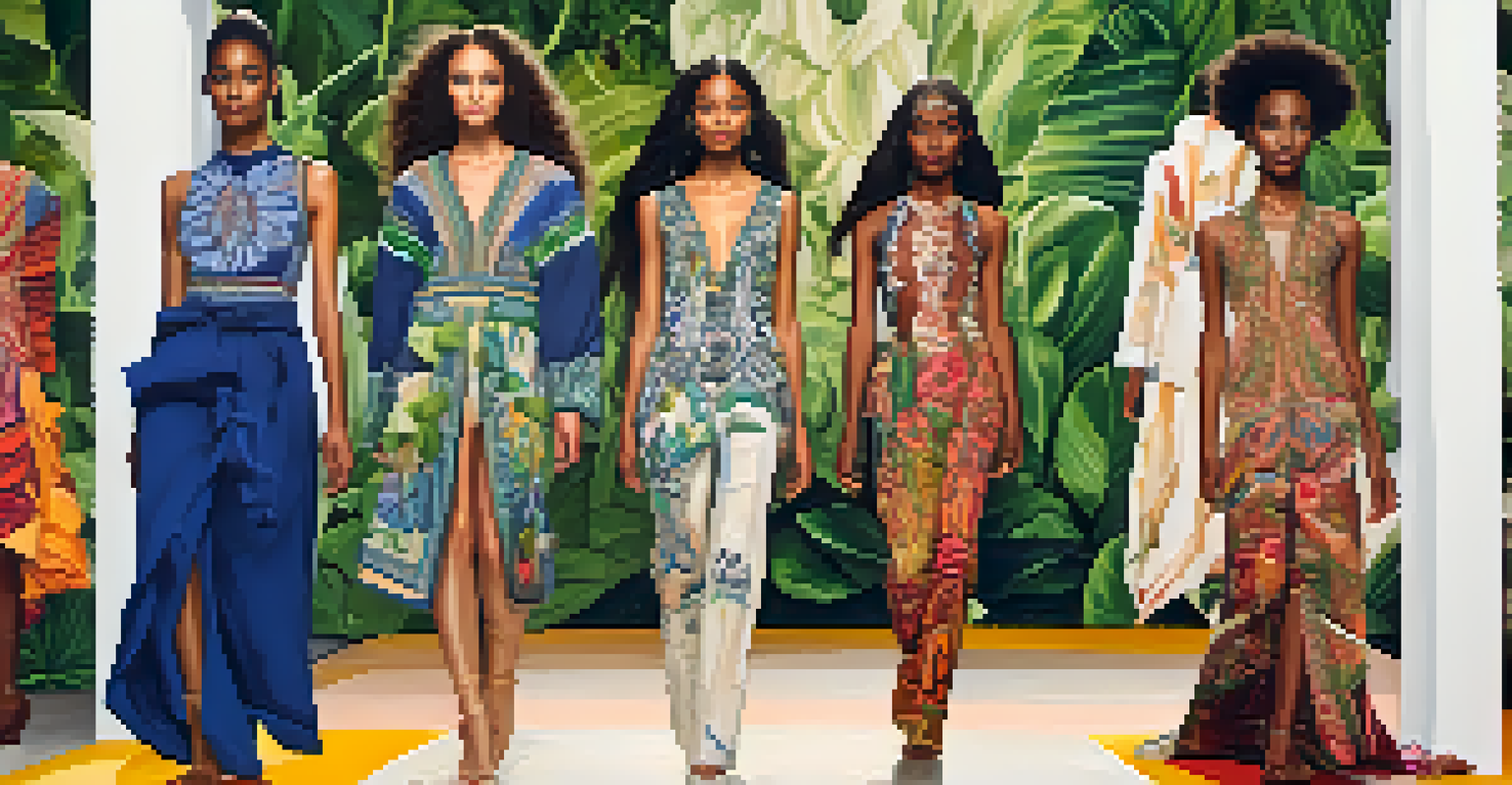 A fashion runway with diverse models wearing sustainable designs, surrounded by plants and warm lighting, showcasing global cultural patterns.