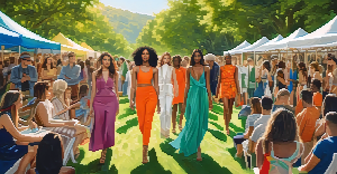 A lively outdoor fashion event featuring diverse models in sustainable clothing surrounded by greenery and colorful banners.