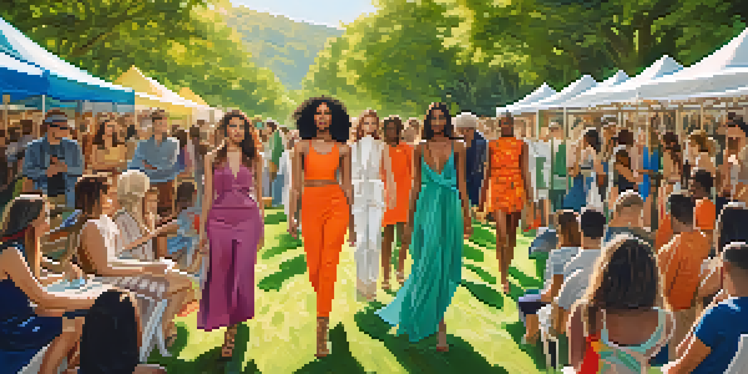 A lively outdoor fashion event featuring diverse models in sustainable clothing surrounded by greenery and colorful banners.