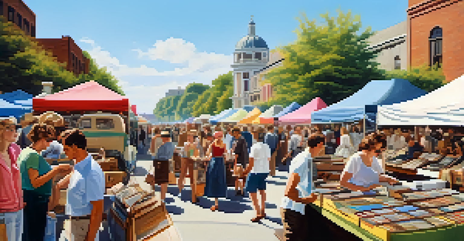A lively outdoor flea market featuring shoppers exploring stalls filled with vintage clothing, records, and antiques under a clear blue sky.