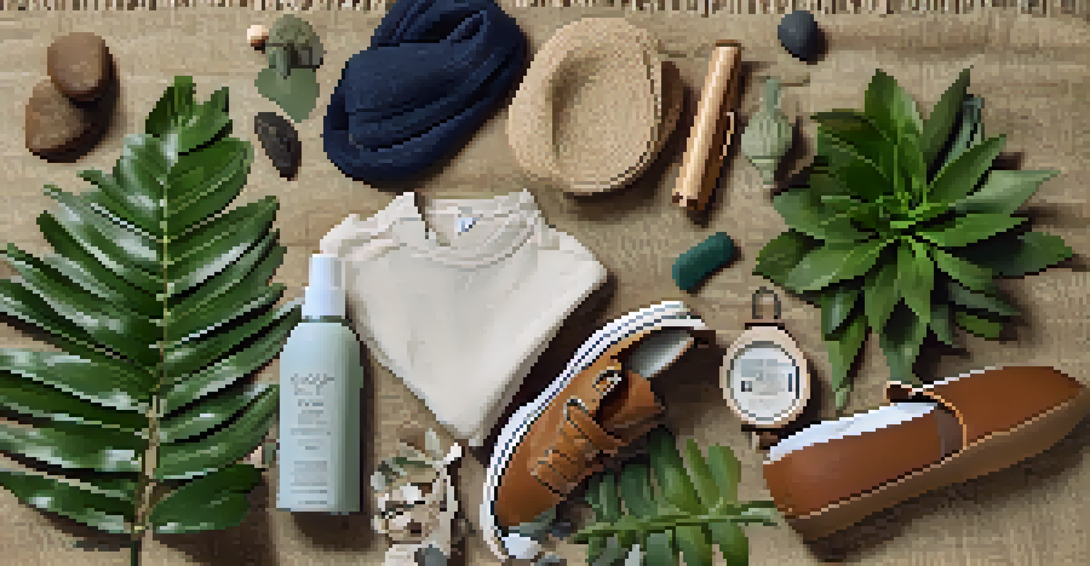 A flat lay of sustainable fashion items including recycled garments and plant-based accessories on a burlap background with natural elements.