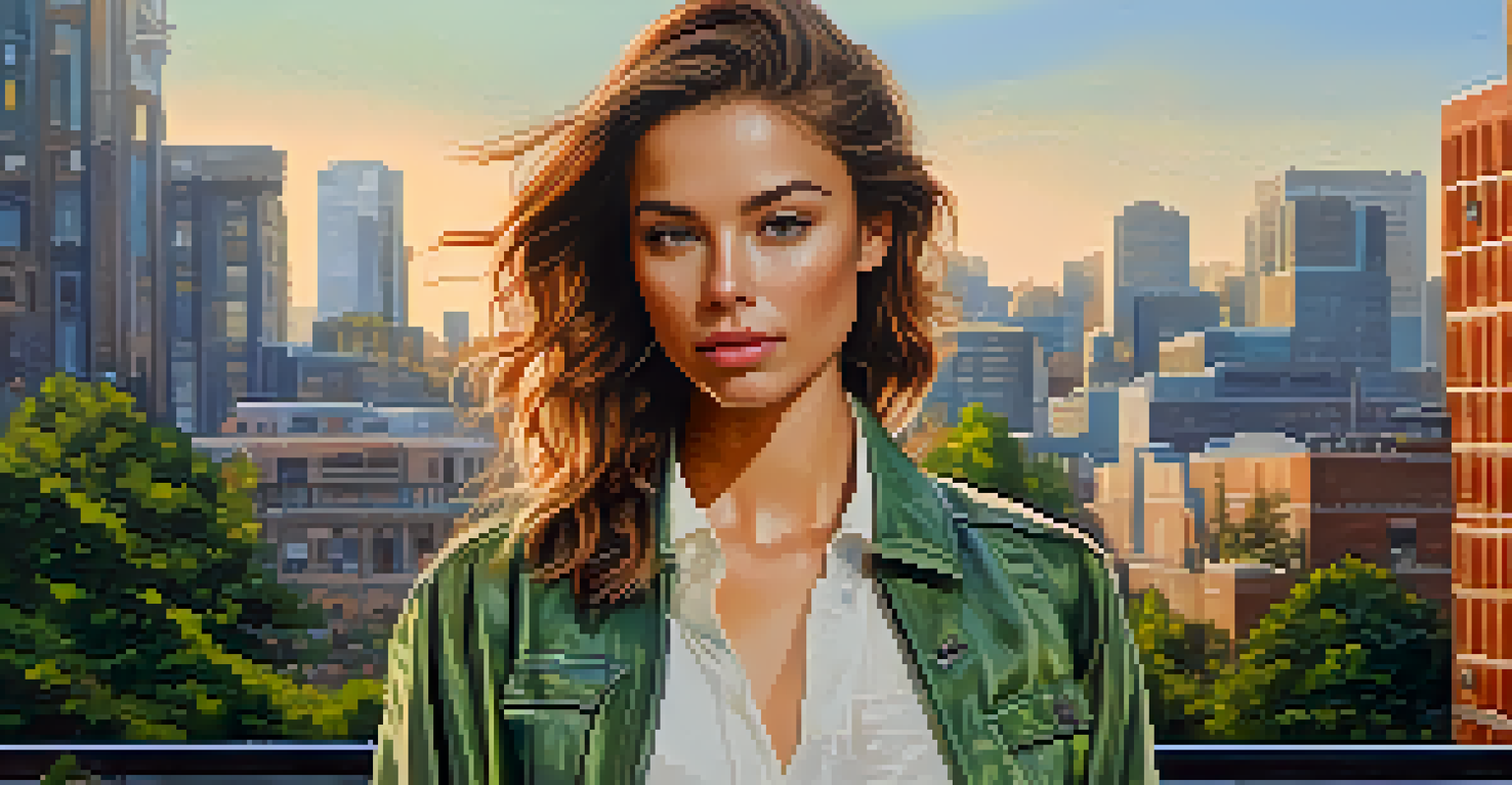 A portrait of a young woman wearing a sustainable outfit in an urban setting with greenery and murals.
