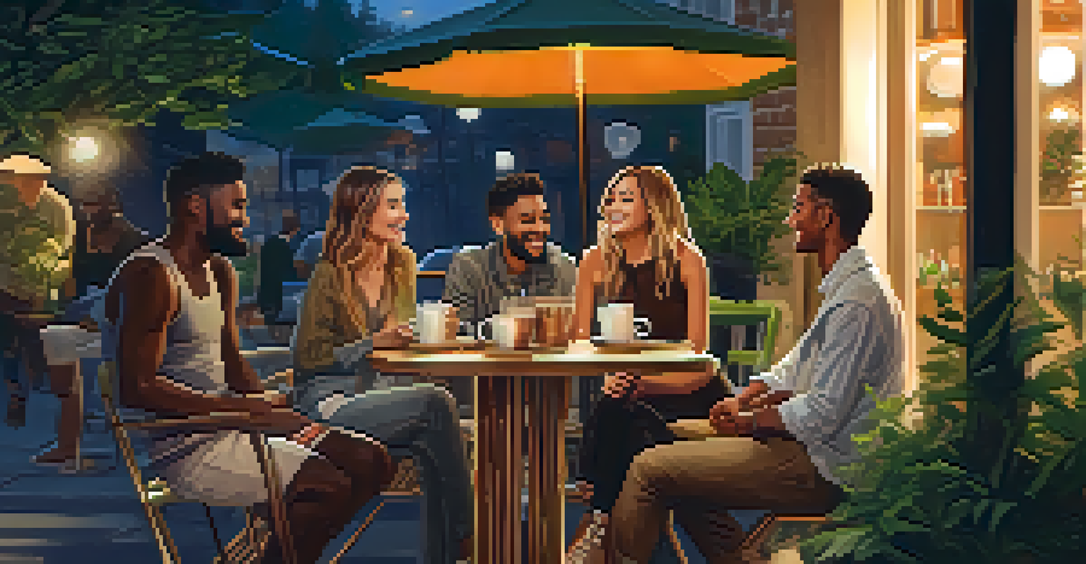 A group of friends wearing trendy outfits enjoys coffee at an outdoor café surrounded by greenery and warm lighting.