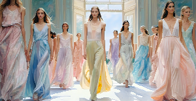 A vibrant fashion runway showcasing models in pastel-colored dresses inspired by Impressionism, with abstract paintings in the background.