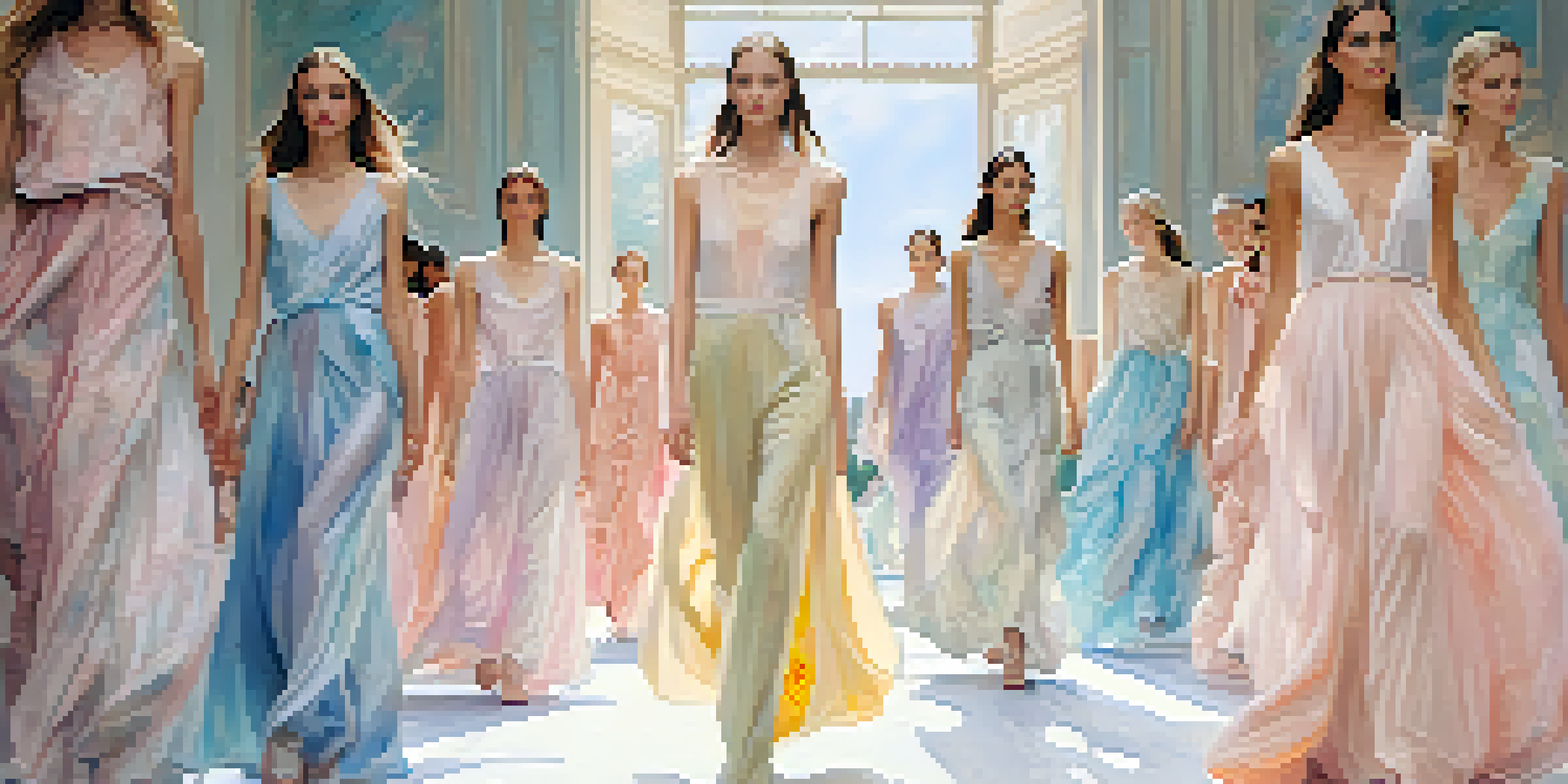 A vibrant fashion runway showcasing models in pastel-colored dresses inspired by Impressionism, with abstract paintings in the background.