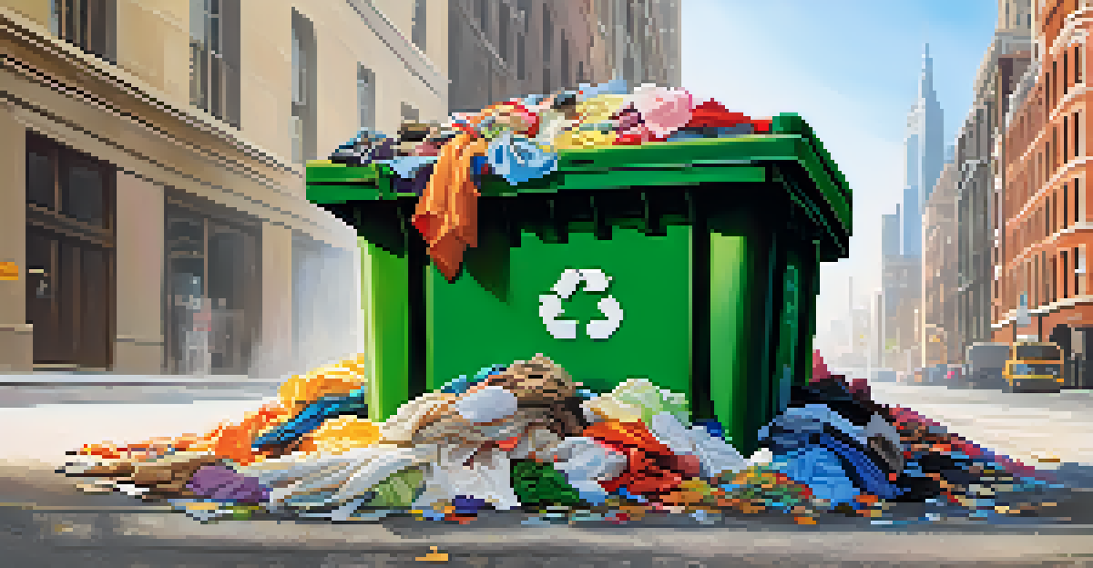 A close-up of a recycling bin filled with colorful discarded clothes, with the city skyline in the background and sunlight illuminating the scene.
