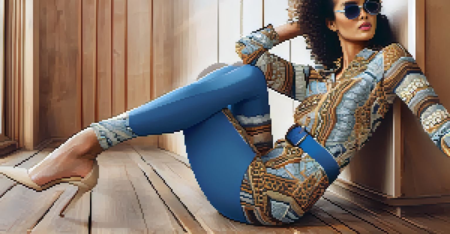 Close-up of stylish leggings and a structured blouse on a table, with a belt and sunglasses, showcasing a blend of comfort and elegance.