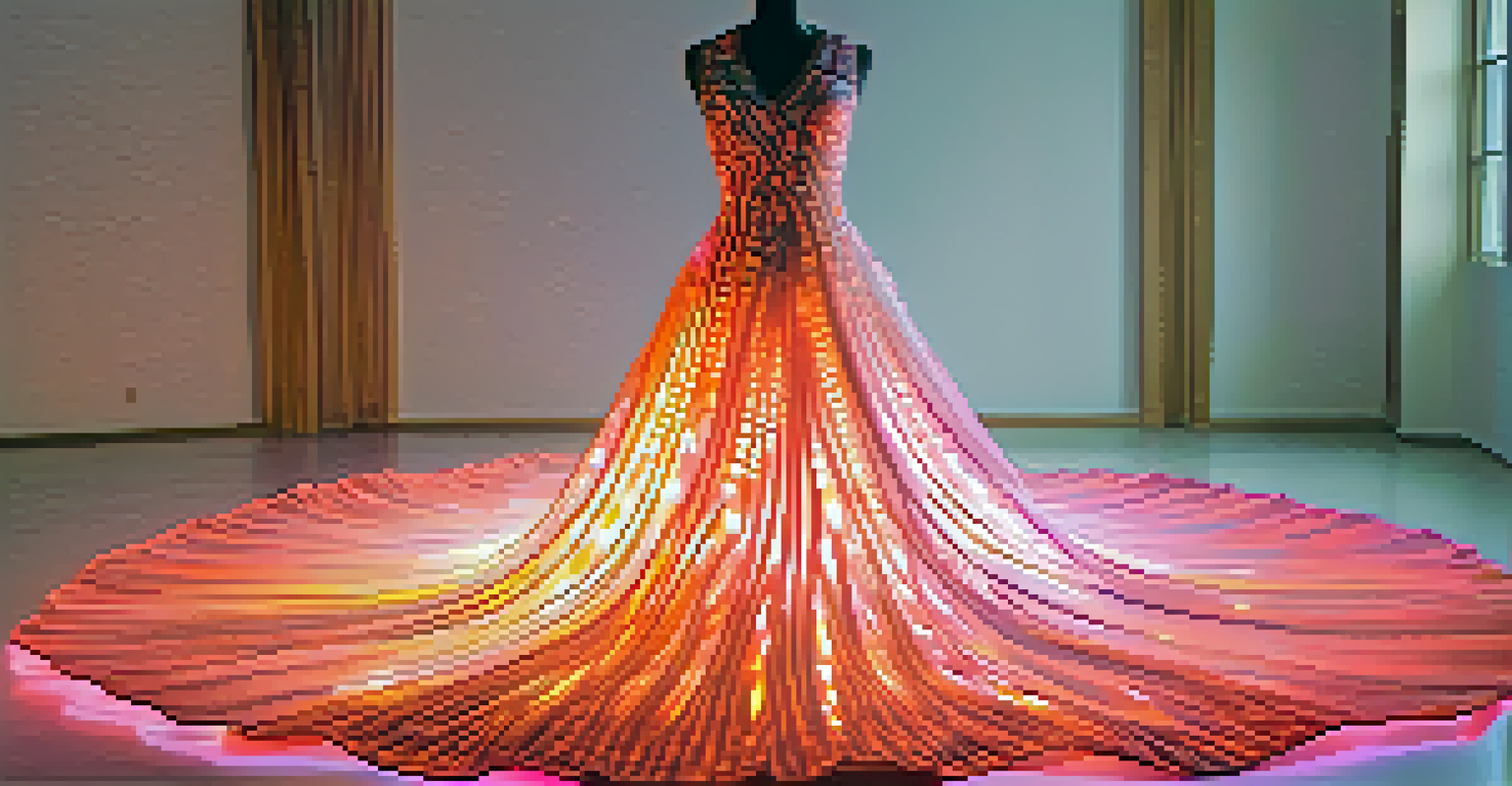 A high-fashion dress made from LED smart textile, glowing in a dimly lit space and changing colors, worn by a model posing elegantly.