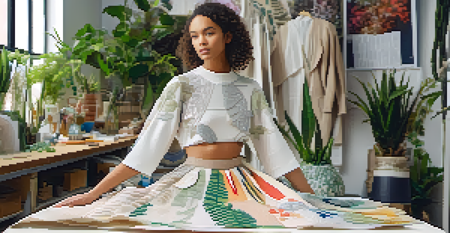 A fashion student showcasing a sustainable garment made from upcycled materials in a well-lit studio filled with plants.