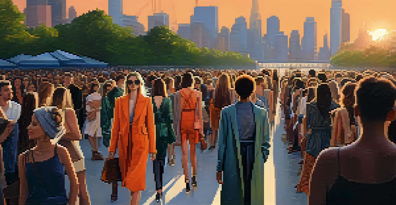 Models walking down a runway in a city fashion show, showcasing sustainable clothing against a sunset backdrop.