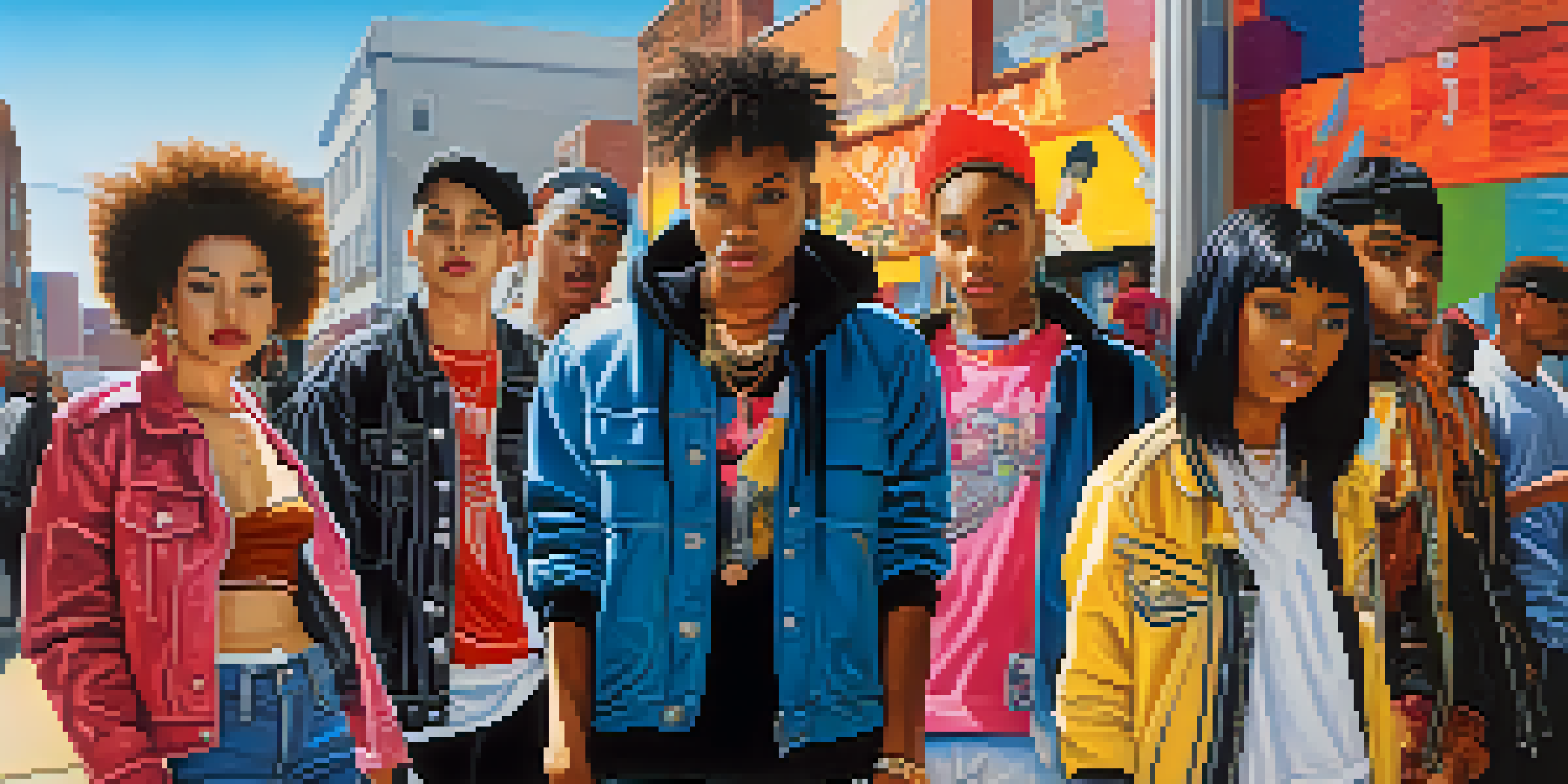 A group of young people in diverse 2000s fashion styles, including emo, punk, and hip-hop, standing in front of a colorful urban mural under sunlight.