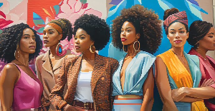 A diverse group of women in sustainable fashion outfits standing confidently in an urban environment, with a colorful mural in the background promoting gender equality.