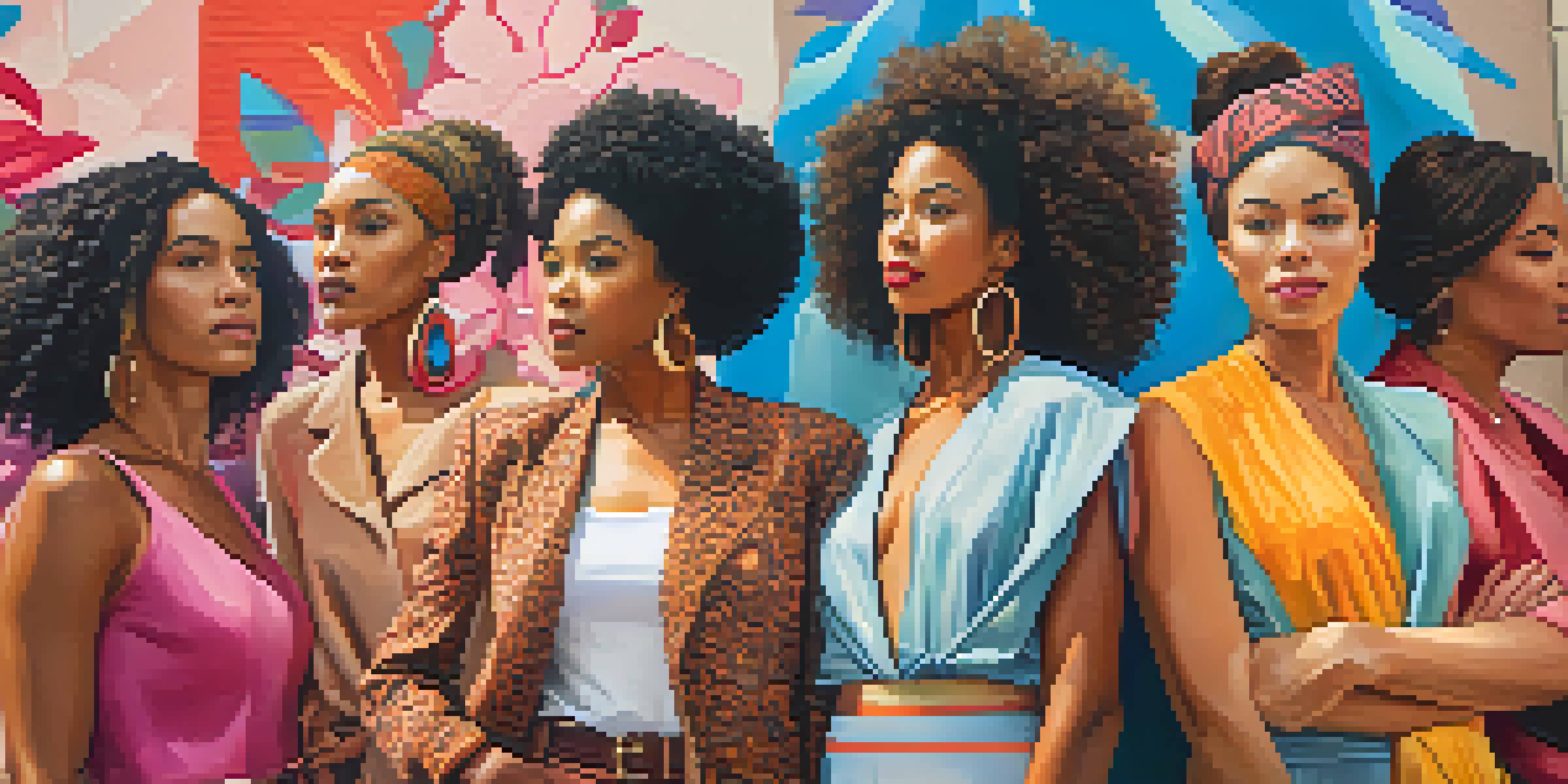 A diverse group of women in sustainable fashion outfits standing confidently in an urban environment, with a colorful mural in the background promoting gender equality.