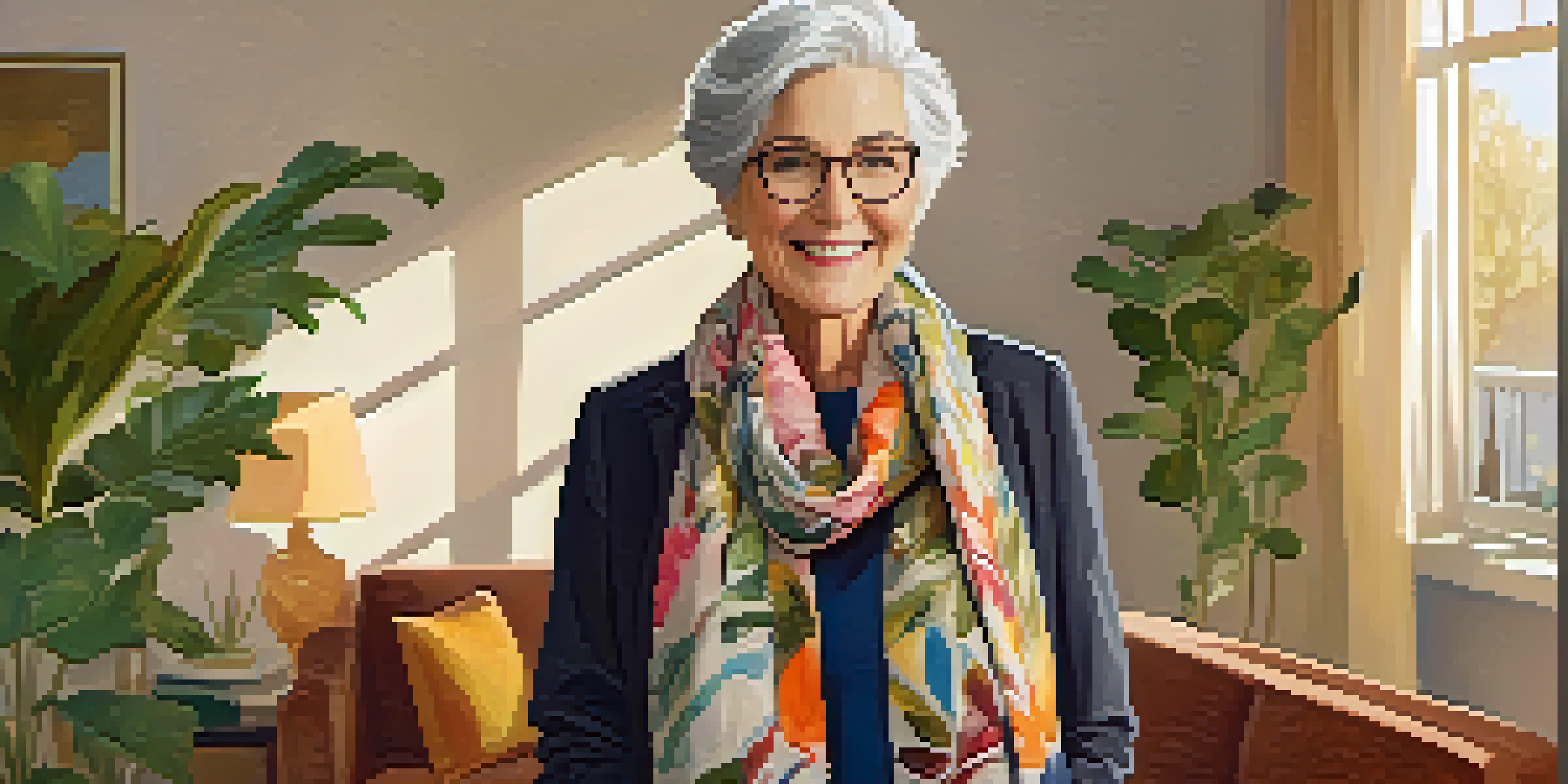 An older woman with silver hair, dressed in a patterned scarf and blazer, stands in a bright living room filled with plants, showcasing her confidence and style.