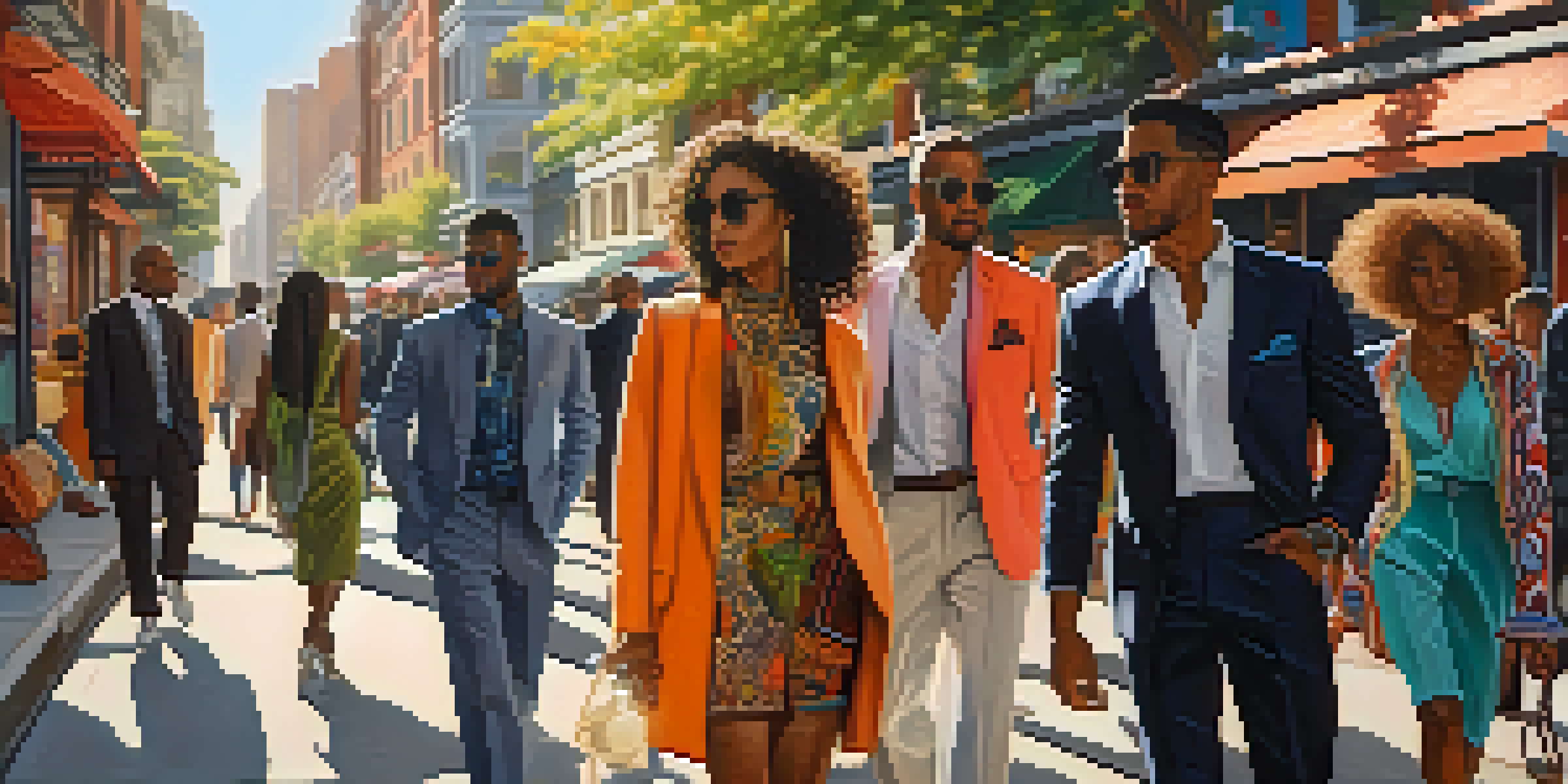 A lively urban street scene with diverse individuals dressed in luxury and sustainable fashion, surrounded by colorful murals and dappled sunlight.