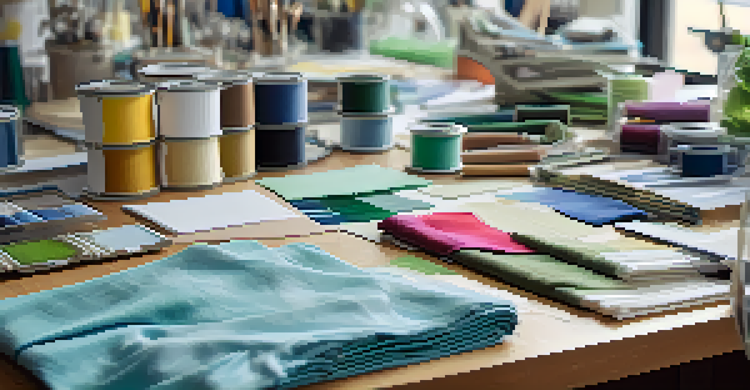 A designer's workspace with colorful fabric swatches in shades representing mental health awareness, surrounded by tools and sketches.