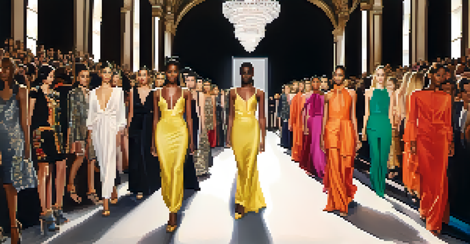 A colorful runway at Milan Fashion Week with diverse models wearing a mix of traditional and modern outfits, surrounded by an engaged audience.