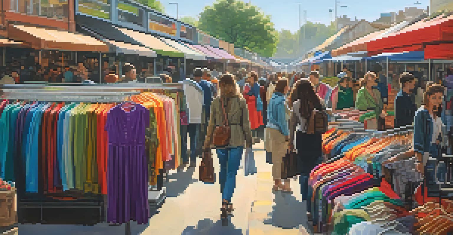 A bustling market with colorful stalls of second-hand clothing, filled with shoppers exploring sustainable fashion options.