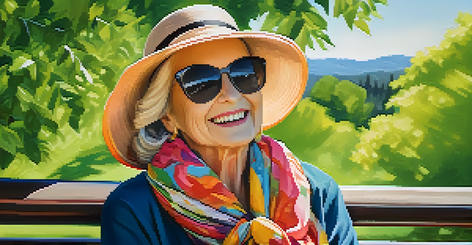 A senior woman on a park bench wearing a sun hat, scarf, and sunglasses, surrounded by green trees.