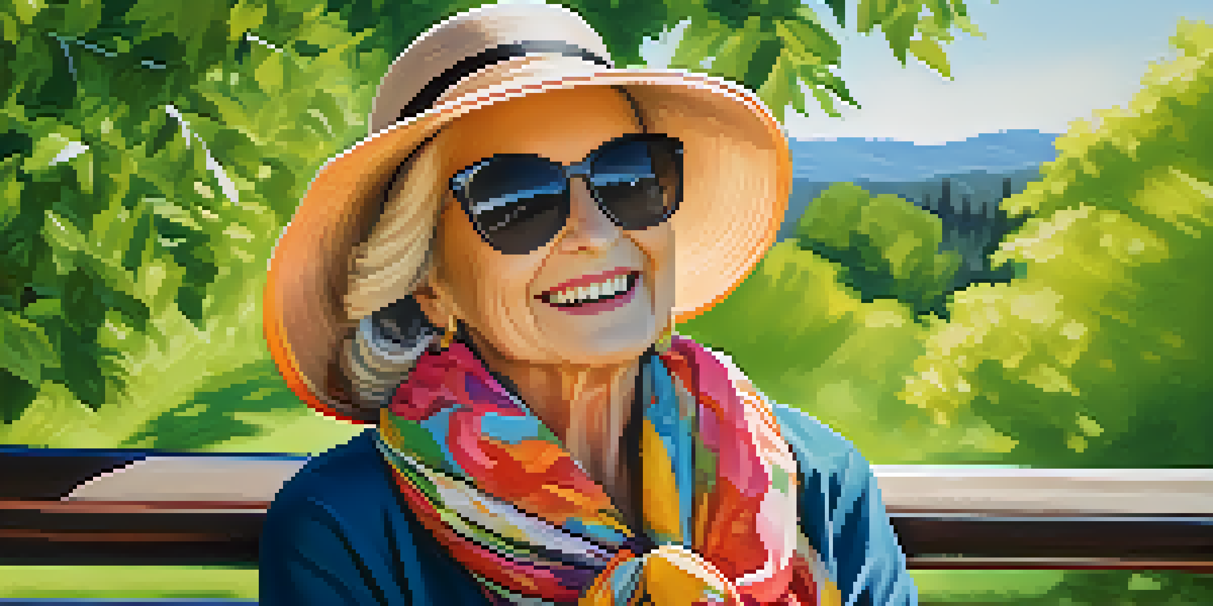 A senior woman on a park bench wearing a sun hat, scarf, and sunglasses, surrounded by green trees.