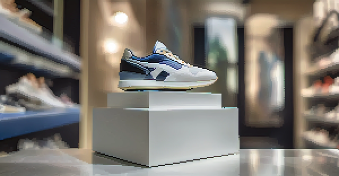 A close-up of a limited edition sneaker on a pedestal with soft lighting, emphasizing its design.