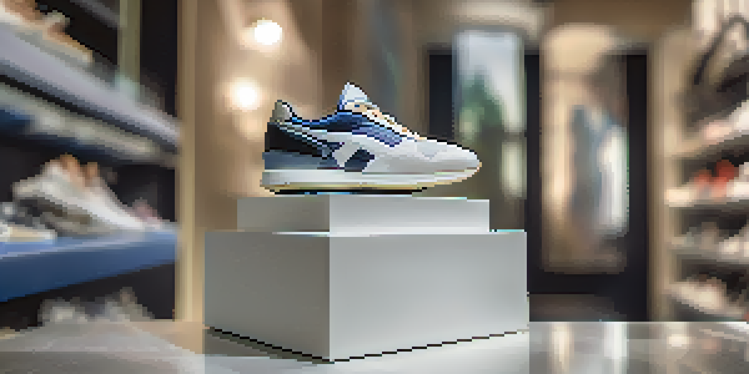 A close-up of a limited edition sneaker on a pedestal with soft lighting, emphasizing its design.