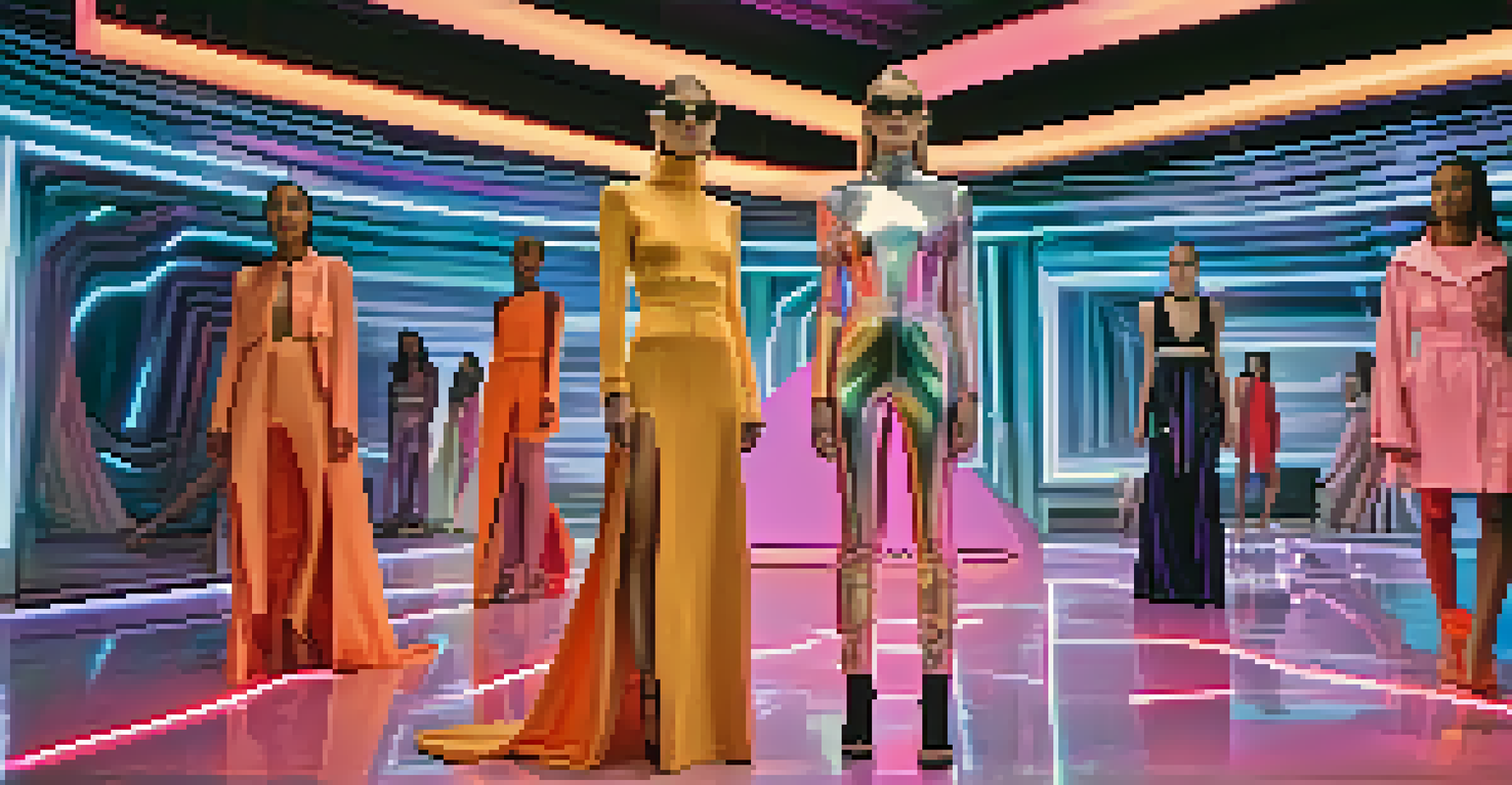 Models on a high-tech runway showcasing 3D printed clothing in a futuristic fashion show with holographic displays.