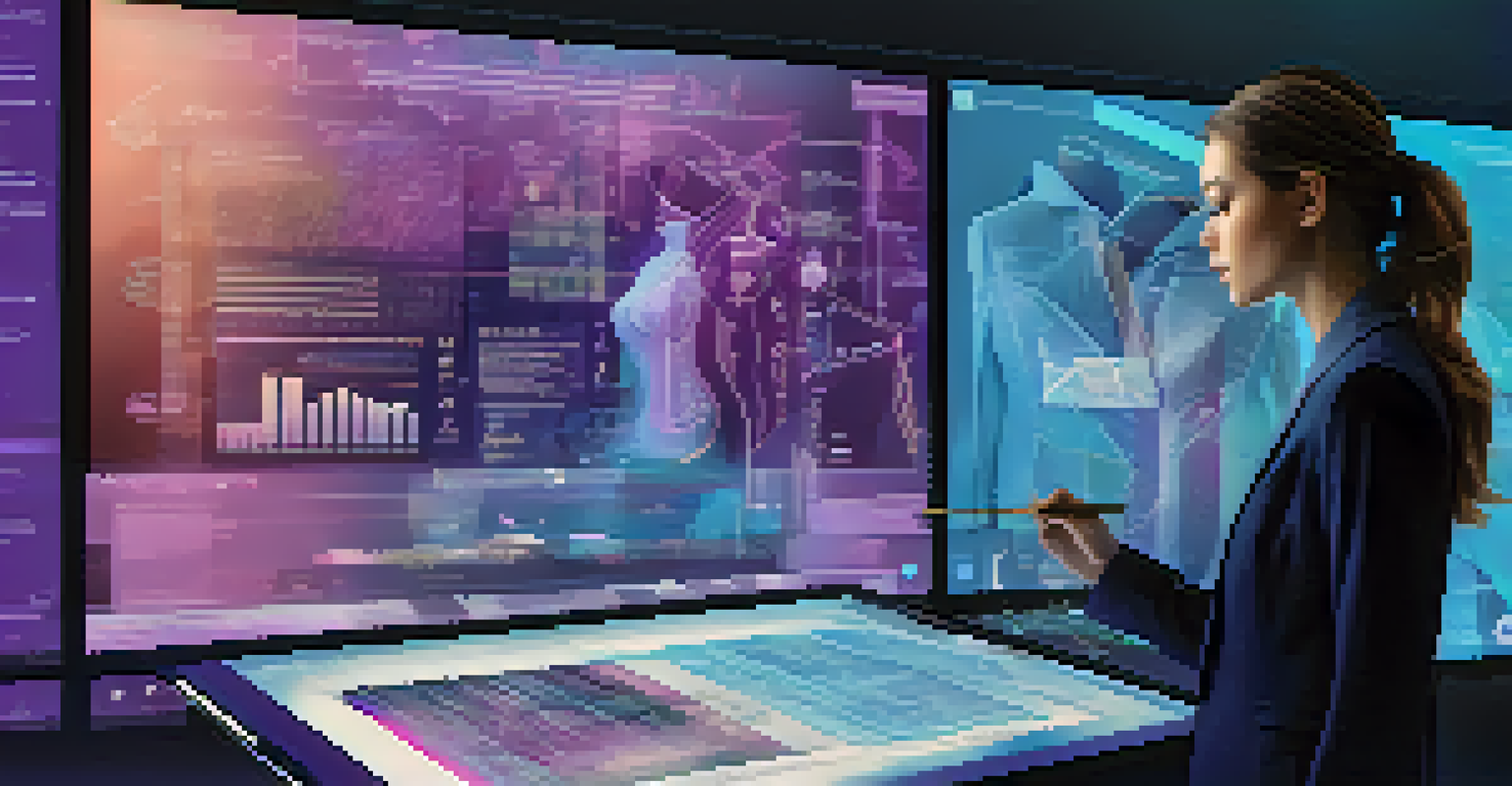 A designer using AI technology to analyze fashion trends on a touchscreen interface in a modern studio.
