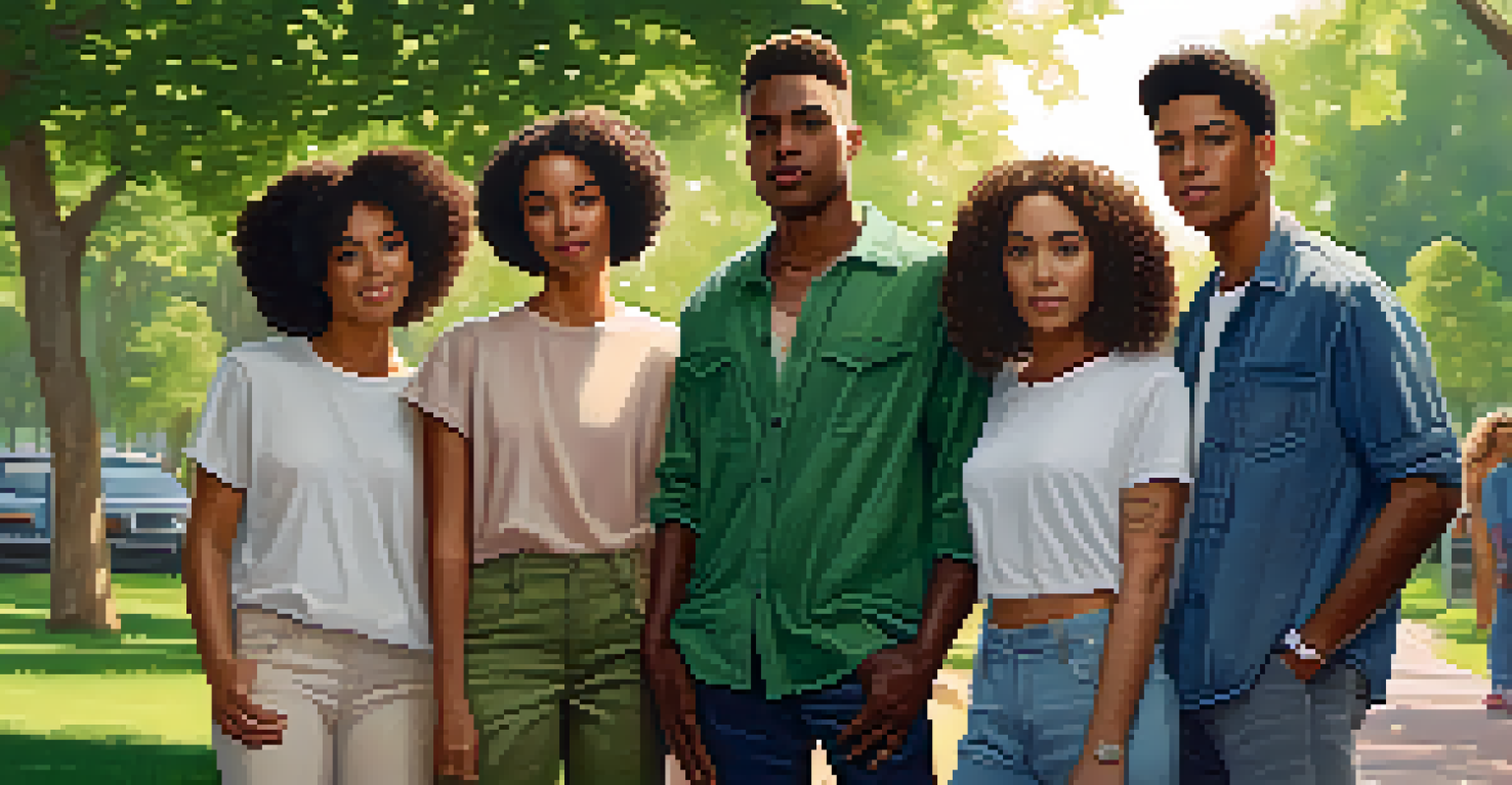 A diverse group of individuals wearing gender-neutral clothing in a park setting.