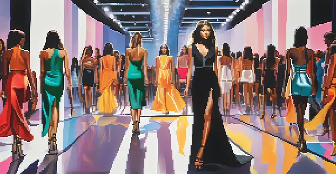 A lively fashion show with diverse models walking down the runway, surrounded by an engaged audience and bright lights.