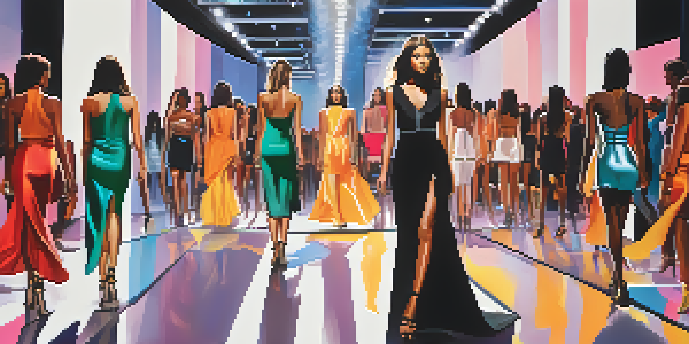 A lively fashion show with diverse models walking down the runway, surrounded by an engaged audience and bright lights.