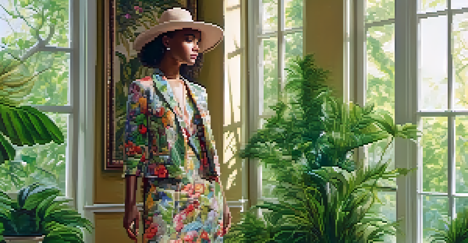 A fashionable outfit on a mannequin with lush greenery in the background, illuminated by soft sunlight, showcasing intricate textures.
