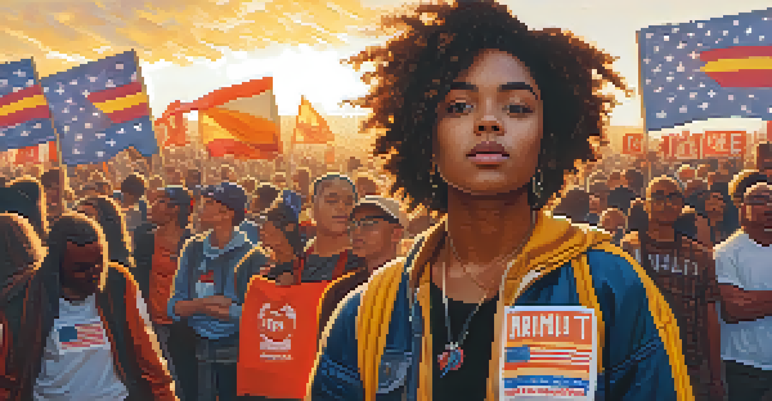 A young activist in streetwear holding a sign for equality, surrounded by a supportive crowd during a protest at sunset.