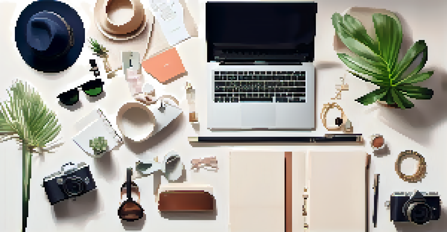 A flat lay of a fashion influencer's workspace featuring a laptop, notebook, camera, and stylish accessories under natural light.