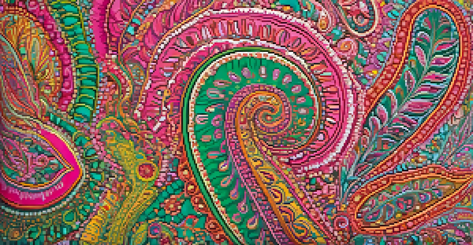 A close-up of colorful paisley print fabric from the 1960s, highlighting intricate patterns and textures in soft lighting.